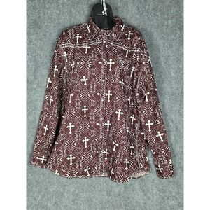 Cowgirl Hardware Brown Western Cross‎ Print Long Sleeve Shirt XXL Womens Rodeo